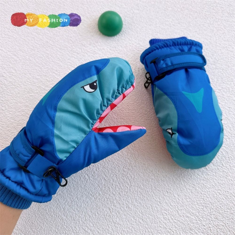 Outdoor Sport For Kids - Karikatür Çocuk Kayak Eldivenleri Köpekbalığı Desenli
